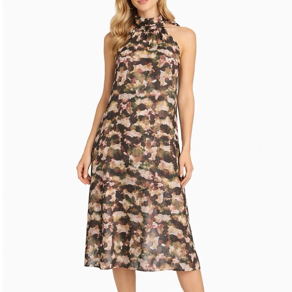 Tahari Size 2 Abstract Botanical Trapeze Midi Dress Olive Green Black Poetcore